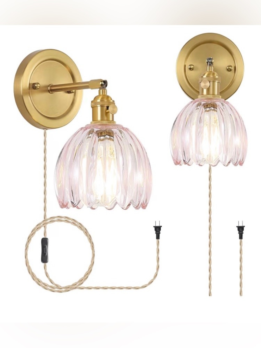 Tulip Wall Sconces Set of 2, Pink Glass Plug in Wall Lights with Brass Base. NEW